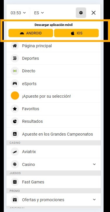 Descargar aplicacion Melbet Peru menu